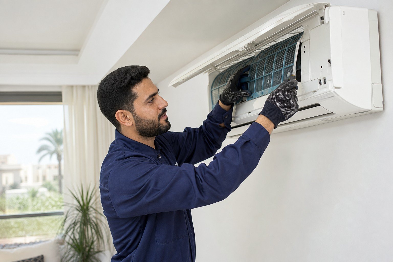 فني Easy Home يقوم بفحص وصيانة تكييف سبليت بمعدات حديثة - ماركة إيزي هوم